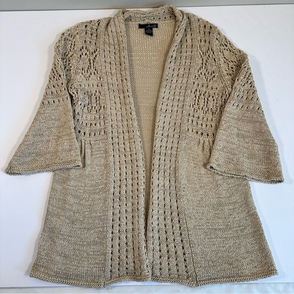 Willi Smith‎ Open Knit Cardigan Sweater Medium Tan Beige Blend Boho Layering